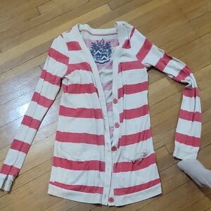 Striped Cardigan with Pink and White Design